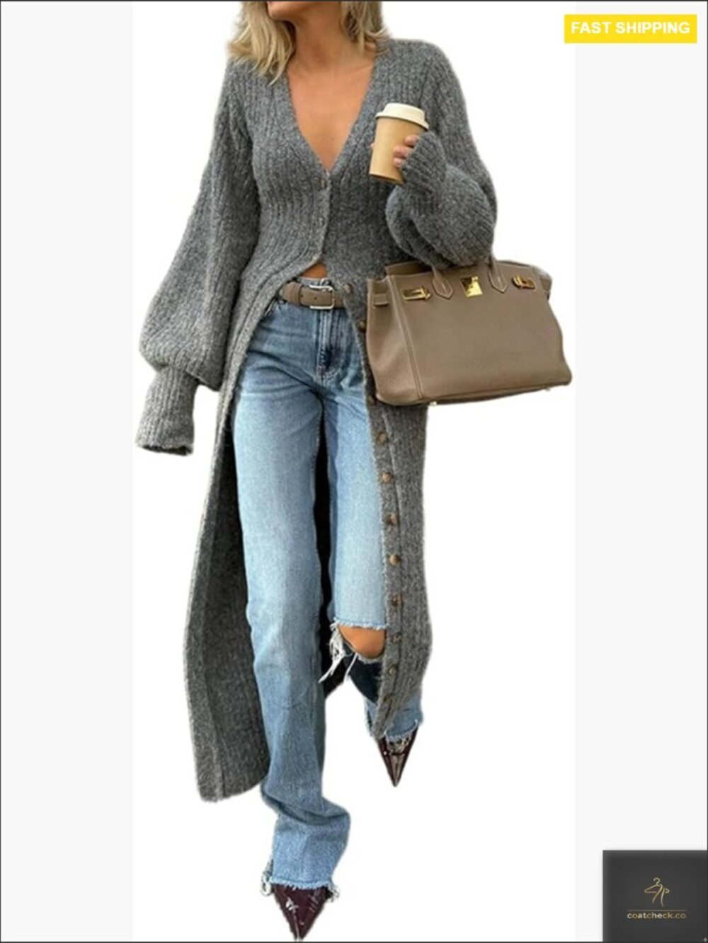 V-Neck Button Down Long Cardigan Chunky Knit Maxi Coat Sweater Dress 2025 Trendy